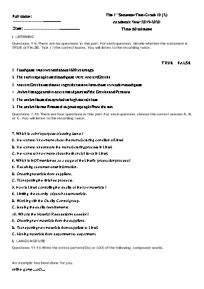 Đề kiểm tra học kì I môn Tiếng Anh Khối 10 - Năm học 2019-2020 (Có đáp án)